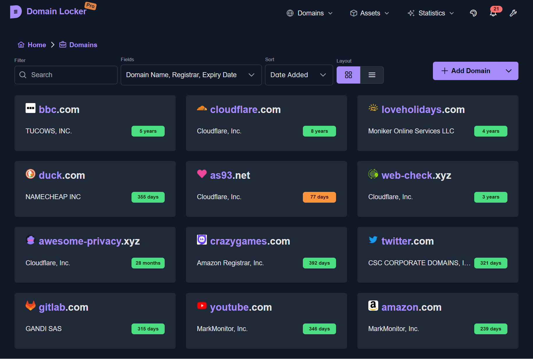 A screenshot of Domain Locker homepage showing a list of domains